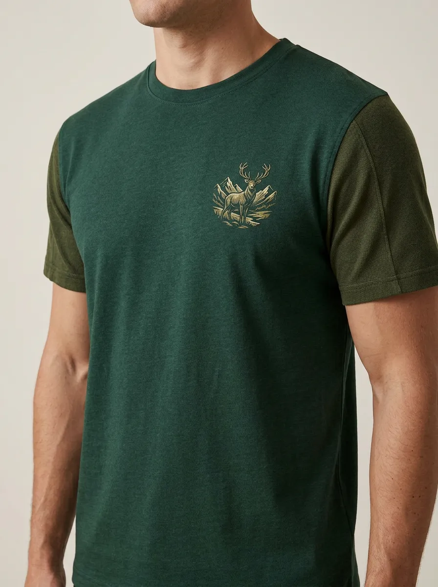 Men's Stag Crew-Neck Short-Sleeve Chest-Sleeve Forest Mountain Relaxed T-Shirt