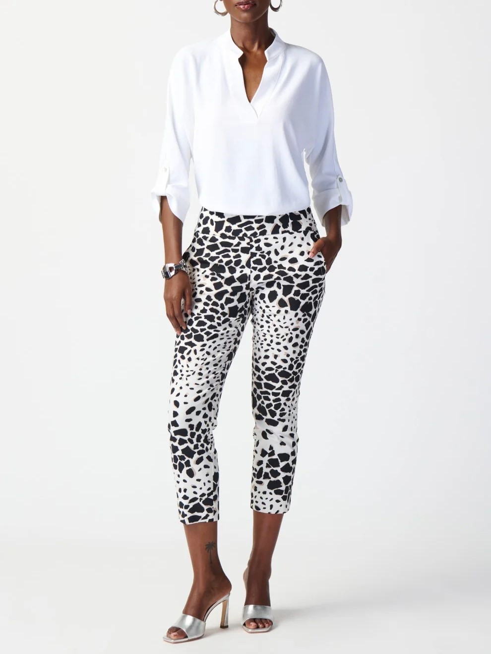 White V - Neck Roll - Sleeve Blouse