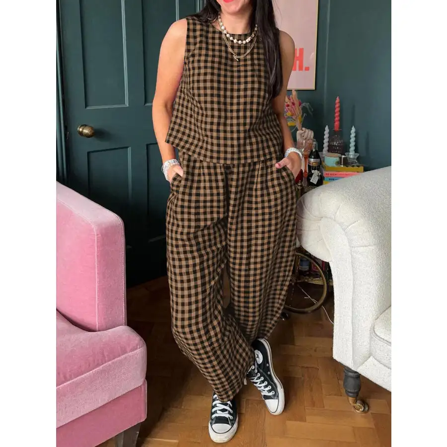 Lovelet Plaid Round Neck Sleeveless Top and Pants Set