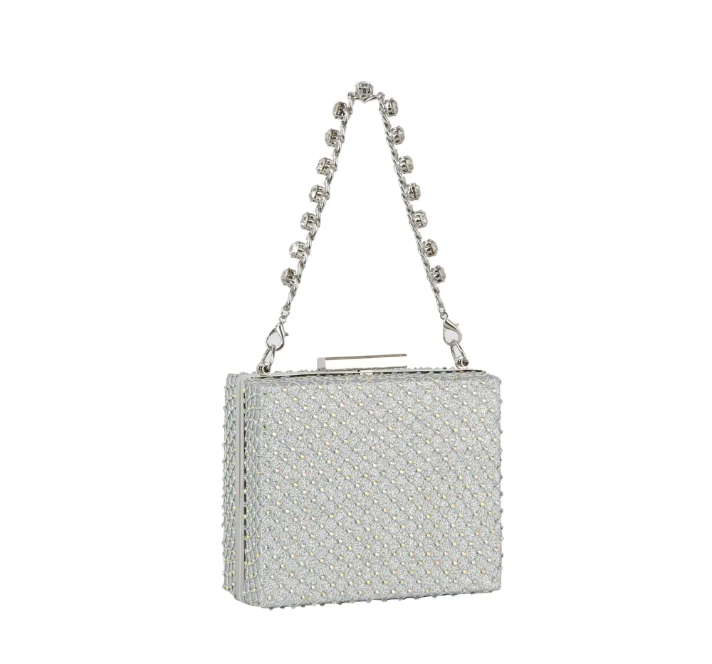 Relaxed Detail Crystal Accent Chain Accent Pocketed Evening Clutch Bag