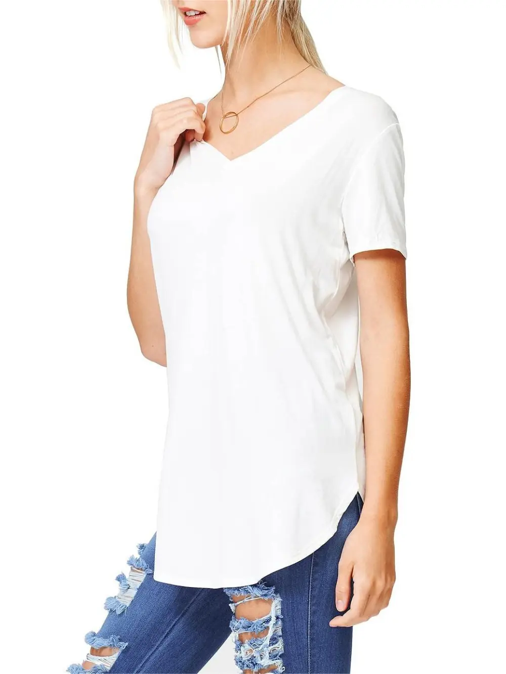 Burgundy Round - Hem V - Neck T - Shirt