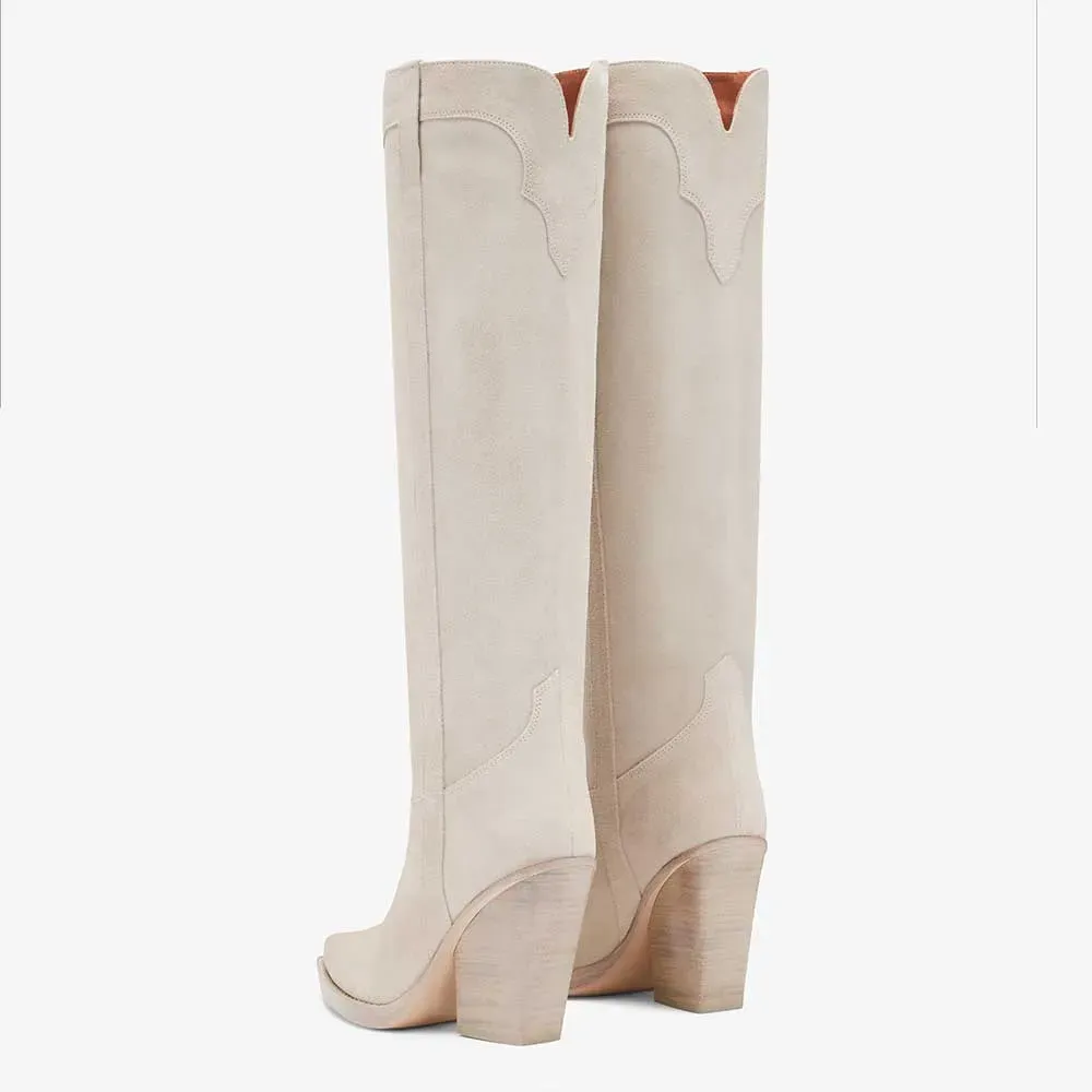 Faux-Suede Pull-On Pointed-Toe Chunky-Heel Knee-Length Western Boots