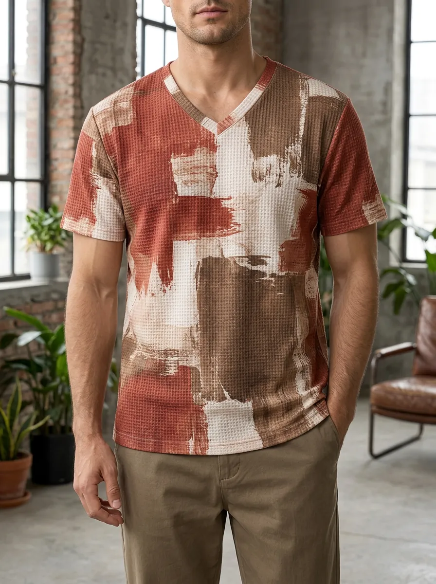 Men's Freeform Abstract Brushstroke Waffle Knit V-Neck T-Shirt