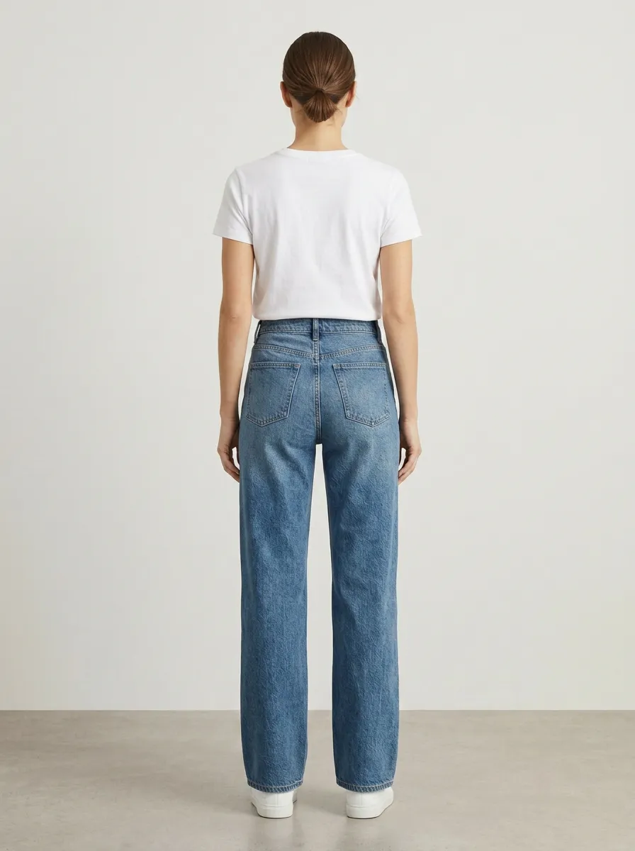 Leisure-Ready High-Rise Straight-Leg Vintage-Wash Denim Jeans