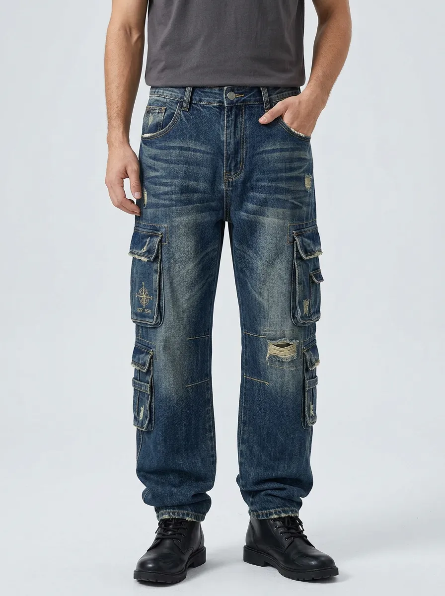Men's Mid-Blue Compass Detail Multi-Pocket Relaxed Denim Cargo Pants