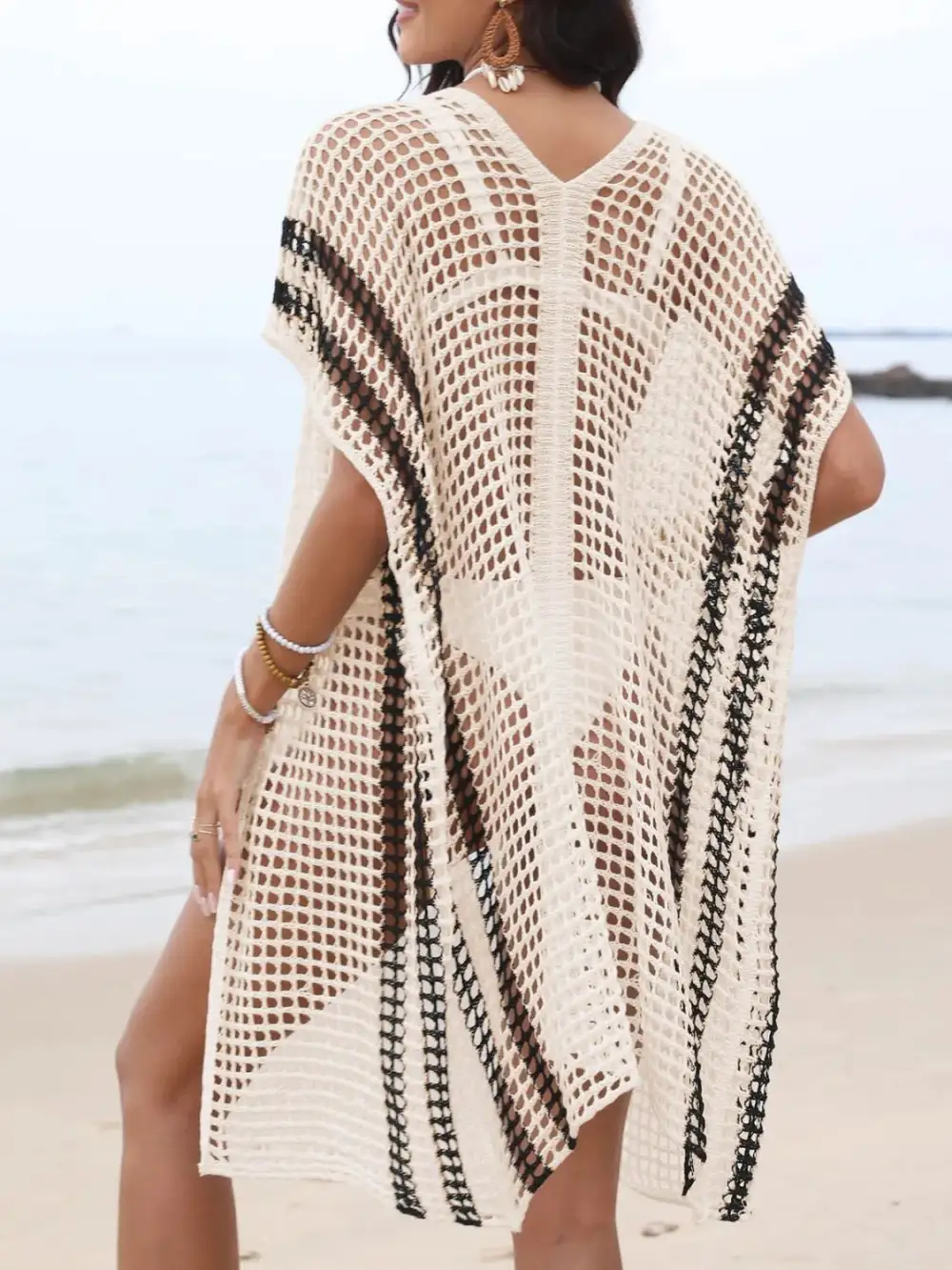 Open Front Contrast Openwork Swim Cover Up