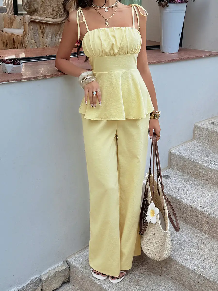 Relaxed Sleeveless Pleated Strappy Neck Vest And Pants Set