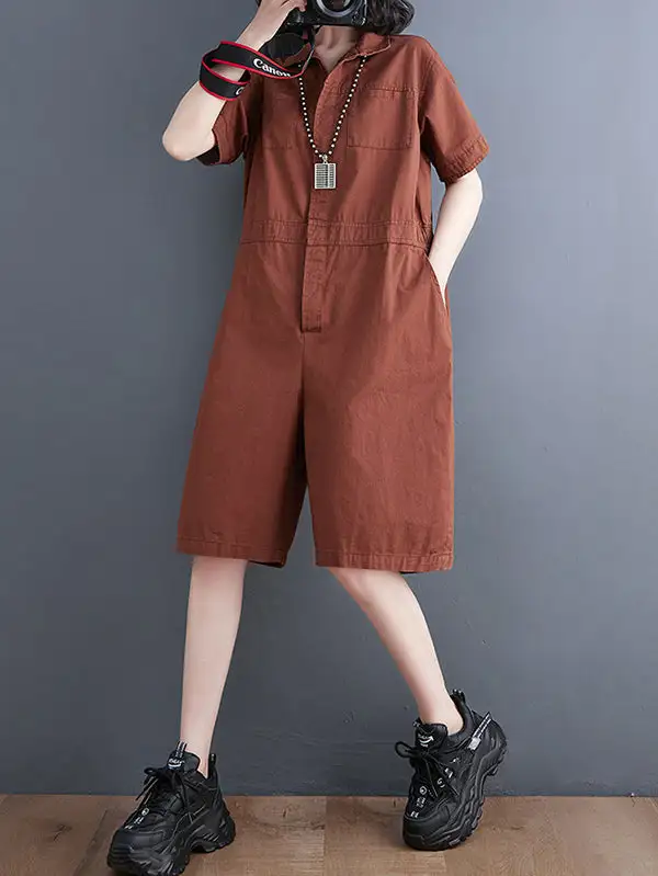 Eenvoudige Jumpsuits Met Effen Kleur En Revers Korte