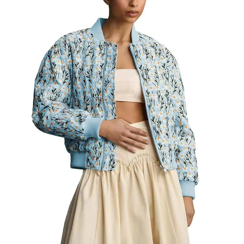 Women's Ramie Linen Embroidered Daisy Cropped Bomber Jacket with Quilted Puffer Sleeves & Two Side Pockets Outerwear