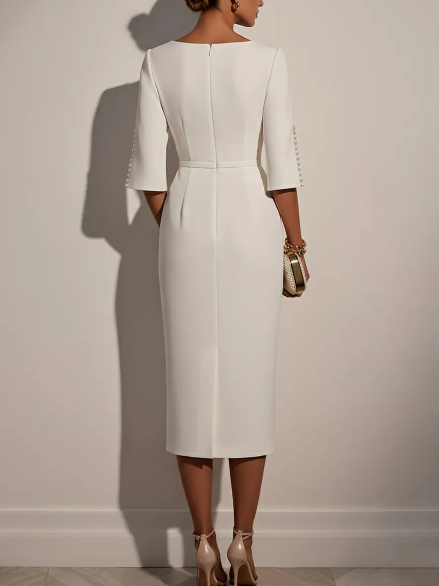 Elegant Round Neck Pearl Short Sleeve Midi Dress