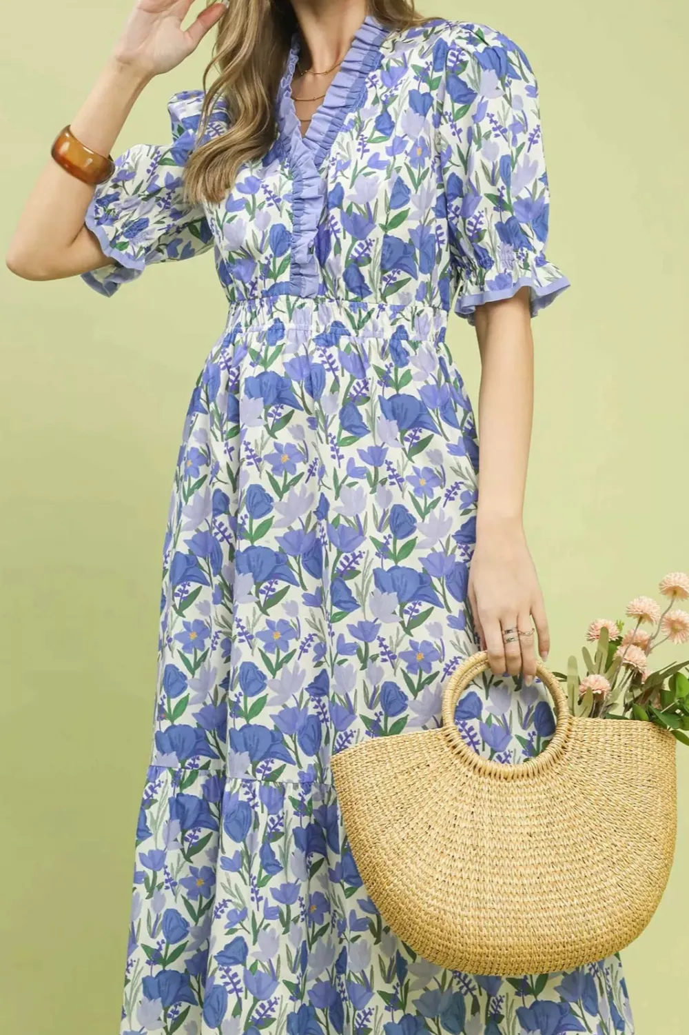 Floral Ruffle Trim Tiered Midi Dress