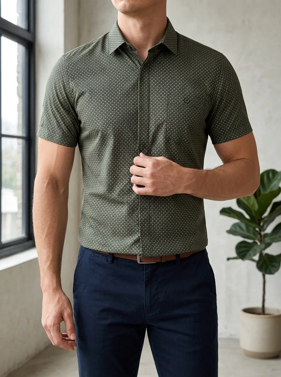Men's Refined Geometric Chest Pocket Short Sleeve Slim Fit Shirt