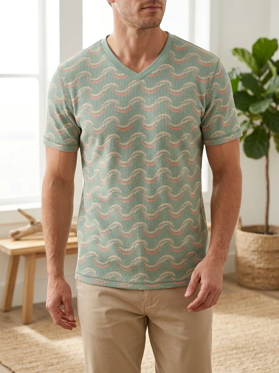 Men's Waffle Knit Green Wave Pattern Printed V-Neck T-Shirt