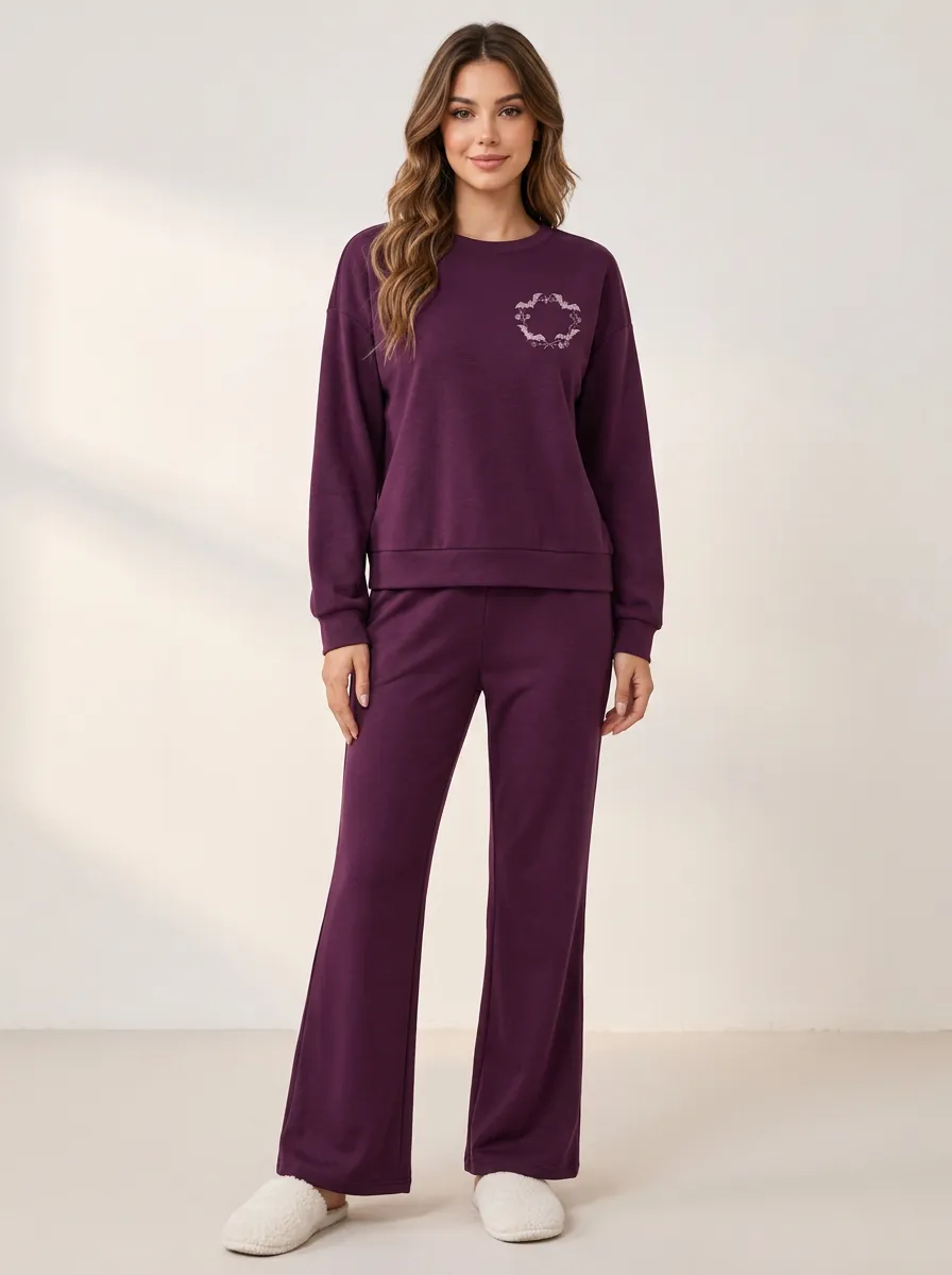 Women's Bat-Wreath Crewneck-Sweatshirt & Wide-Leg-Pants Two-Piece Set