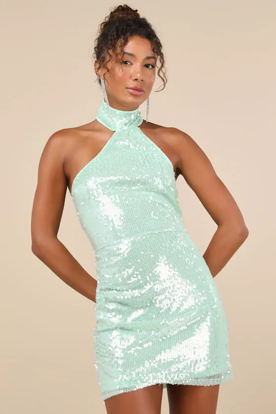 Sensational Purpose Mint Sequin Halter Tulip Mini Dress