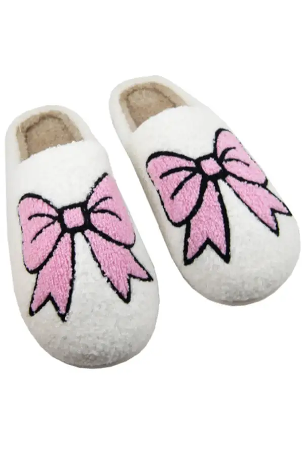 Fuzzy Bow Winter House Slippers