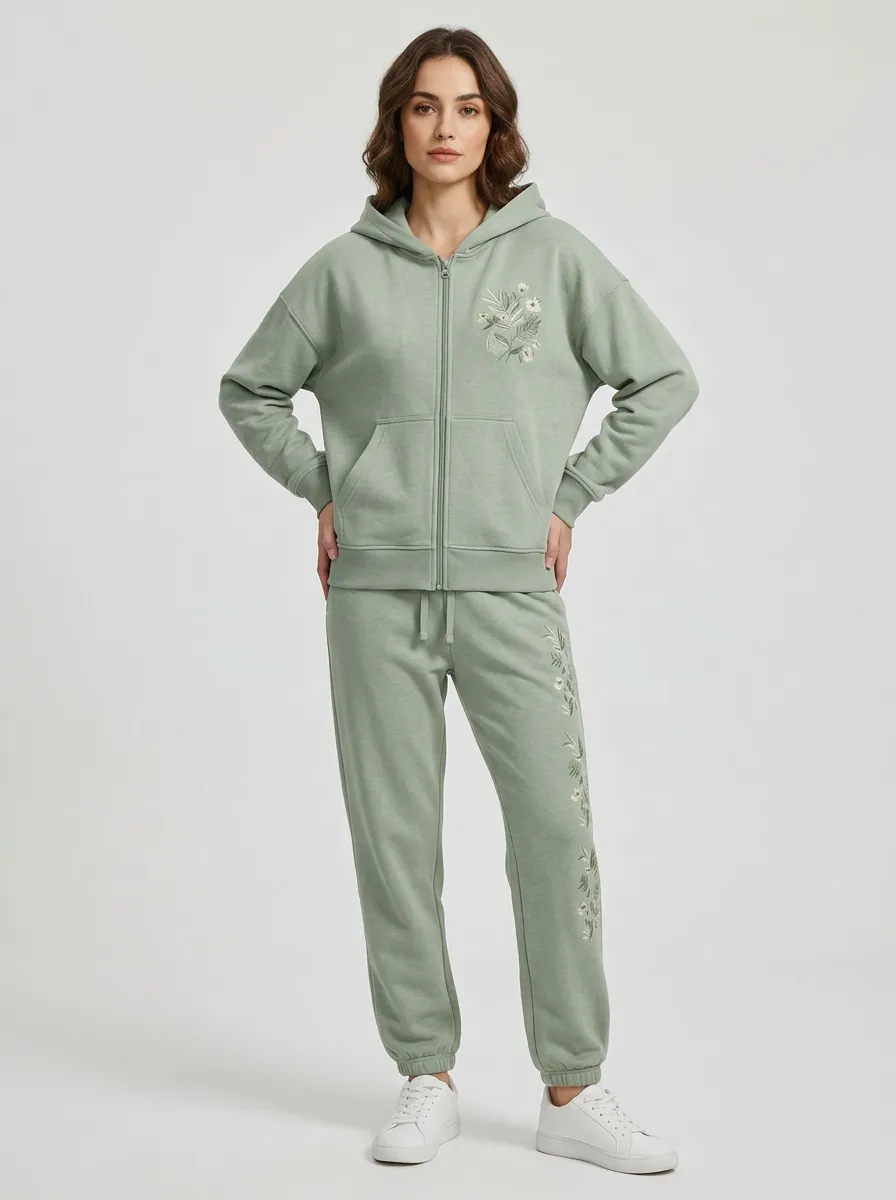 Women's Sage Green Everyday Zip-Up Hoodie Jacket & Jogger Set