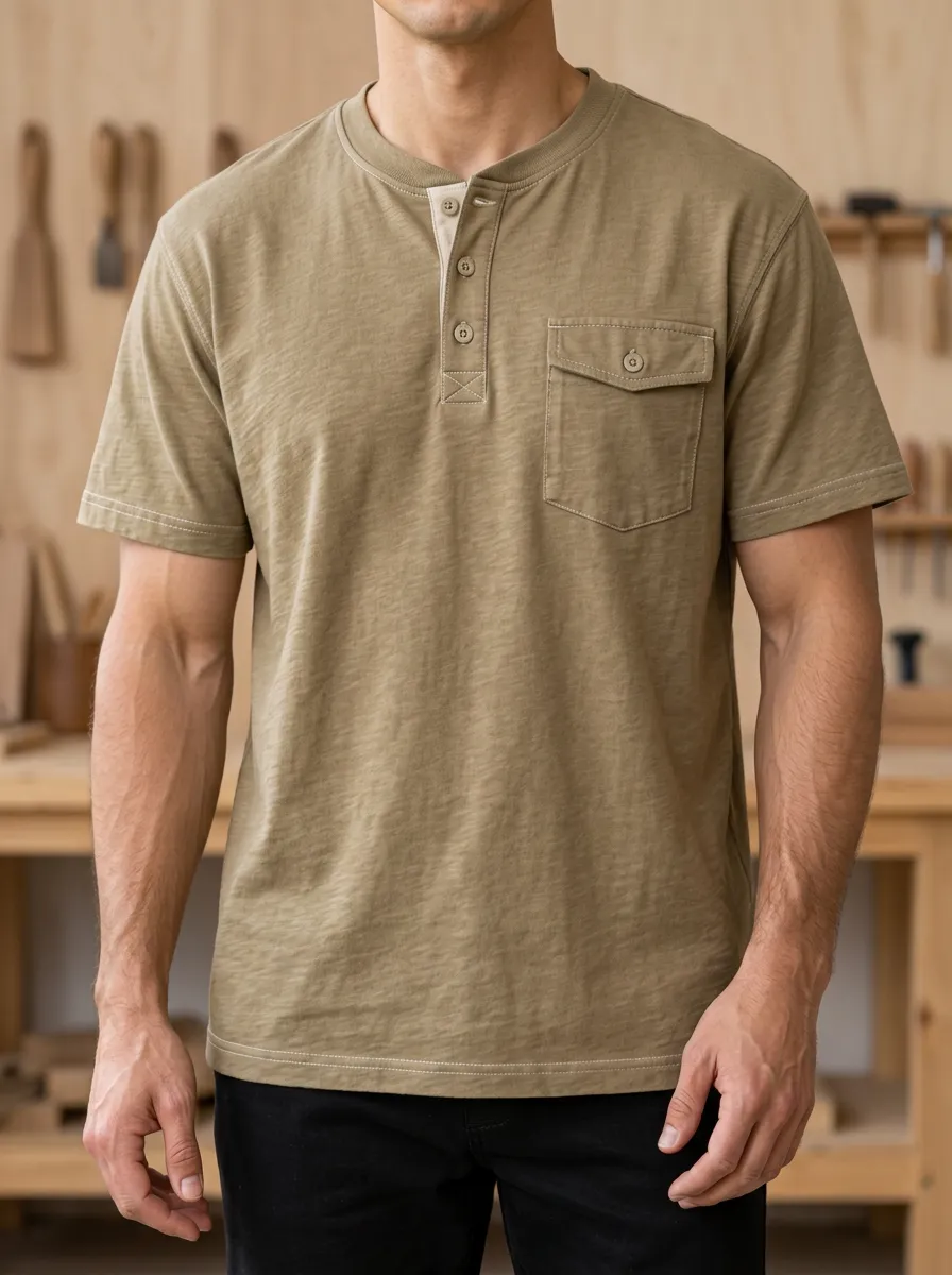 Men's Workwear T-Shirt with Henley Neck