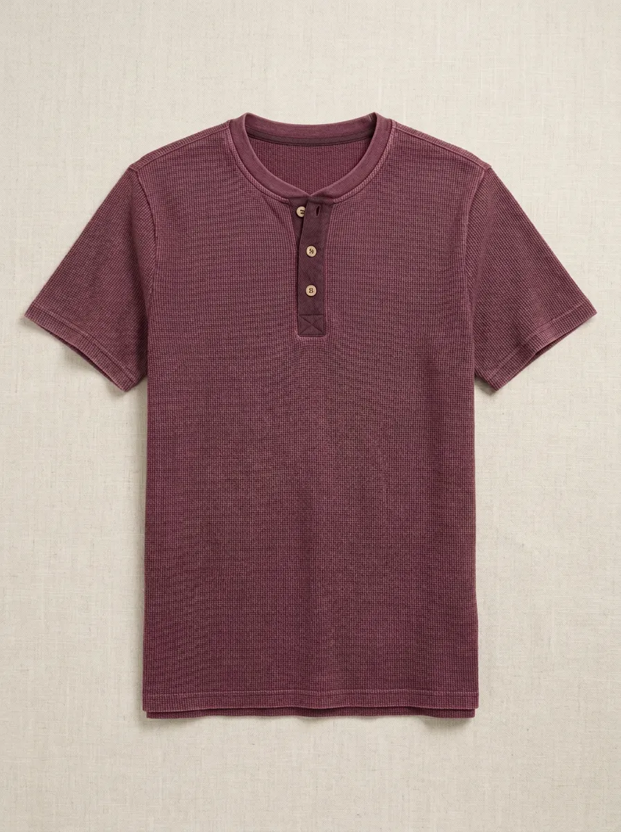 Men's Classic Waffle Knit Button Placket Minimal Henley Shirt