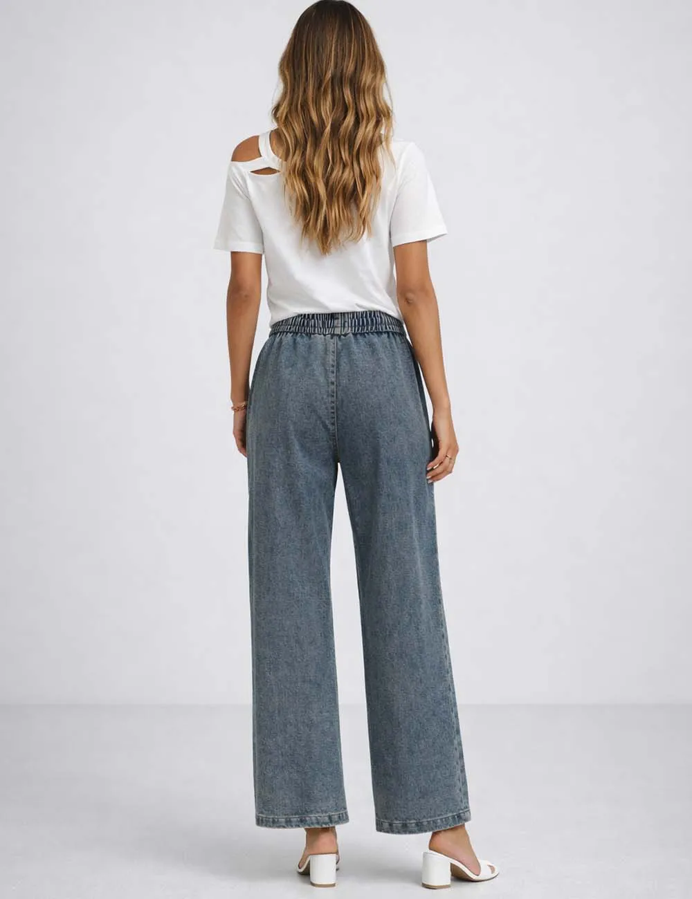 Star Embroidery Elastic Waist Wide Leg Denim Pants