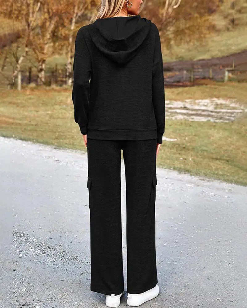 Casual Two-Piece Cargo Sweatsuit Set Hoodie and Pants