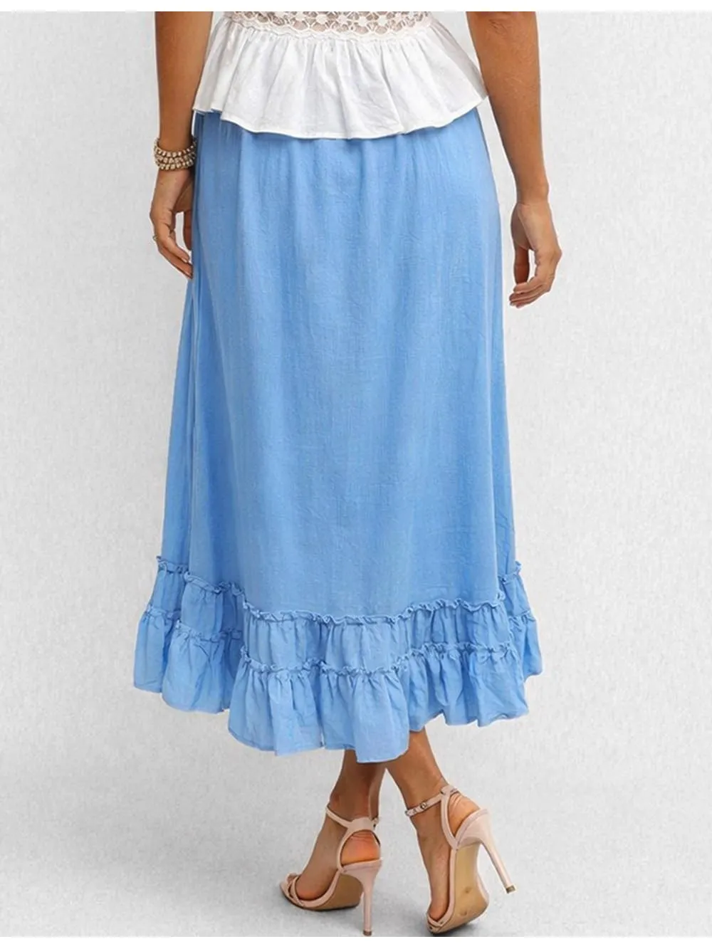 Solid Color Tiered Ruffle Hem Elastic Waist Maxi Skirt