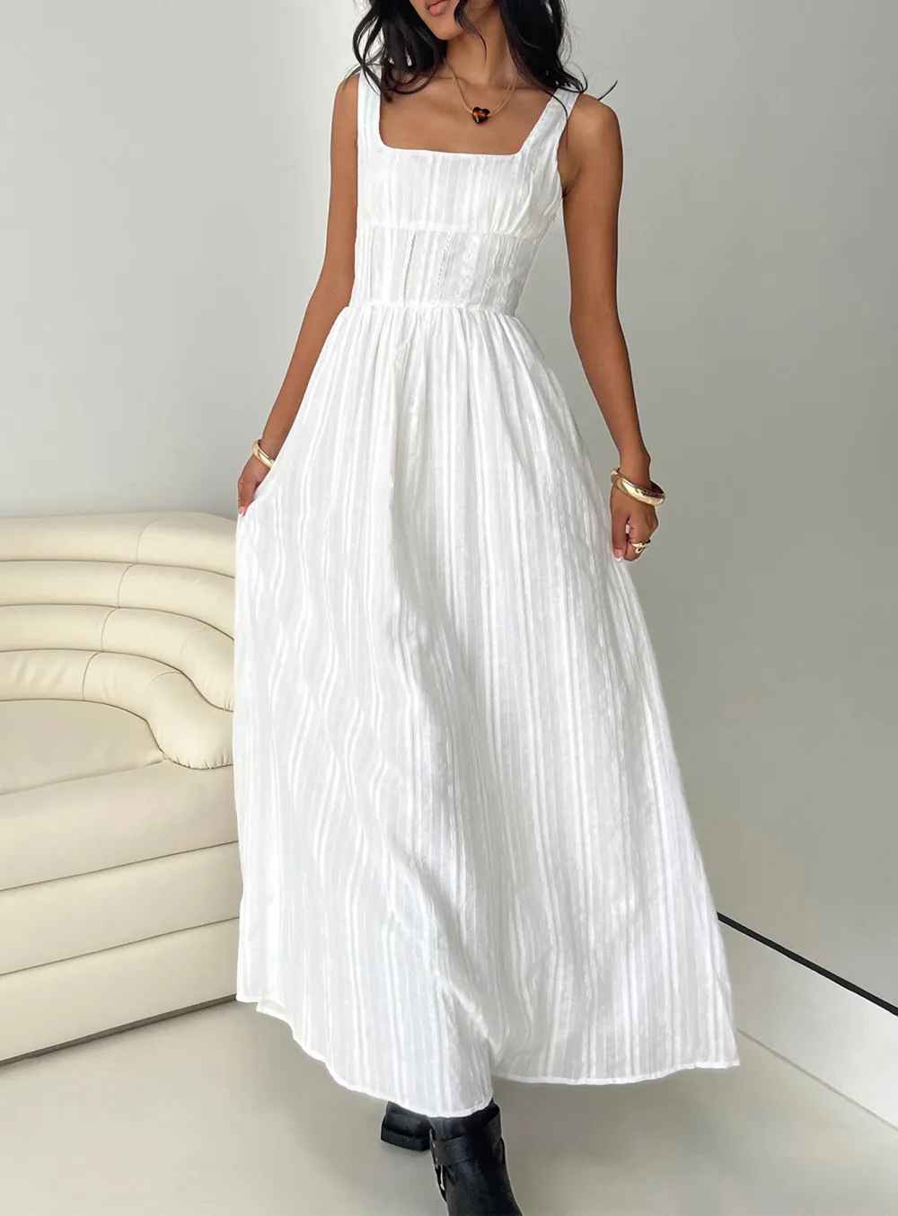 White Smocked Sleeveless Maxi Dress
