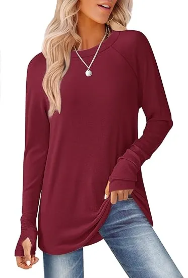 Womens Tunic Tops to Wear with Leggings Long Sleeve Thumb Hole Shirts Crew Neck Curved Hem