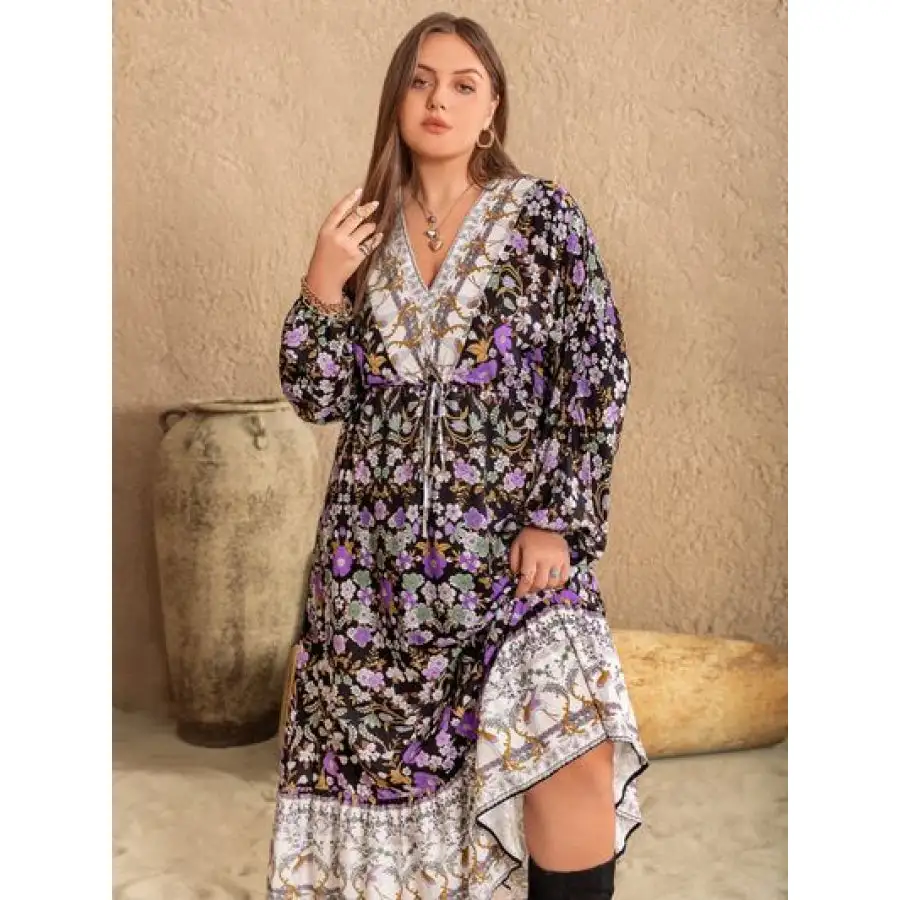 Plus Plus Size V-Neck Balloon Sleeve Midi Dress
