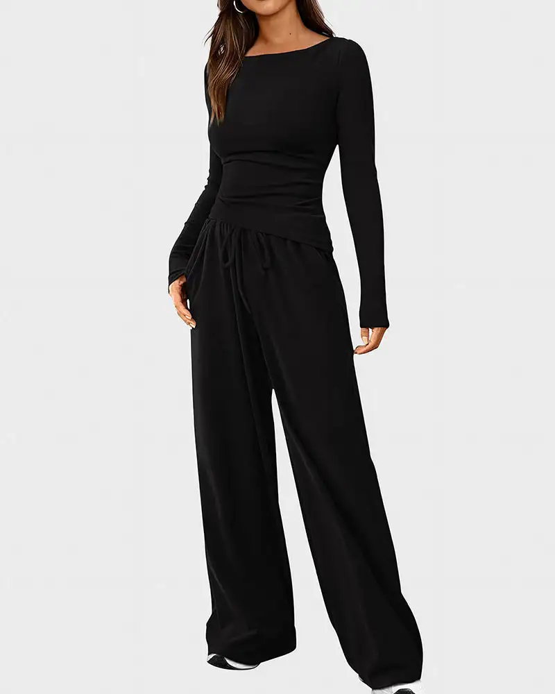 Asymmetrical Long Sleeve Top and Wide Leg Pants Lounge Set