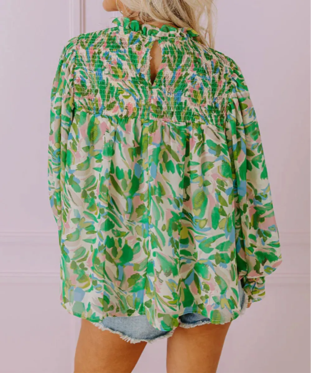 Green Leafy Printed Flounce Sleeve Shirred Mock Neck Blouse