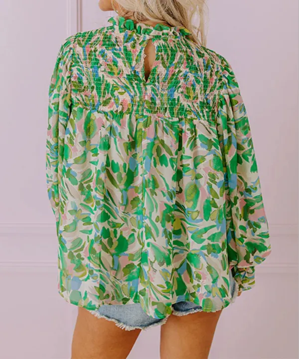 Green Leafy Printed Flounce Sleeve Shirred Mock Neck Blouse