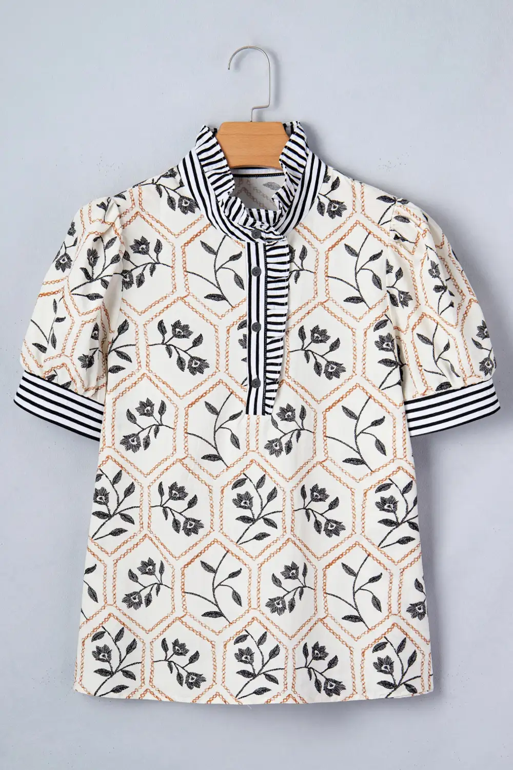 White Floral Print Striped Patchwork Button Neck Short Sleeve Blouse