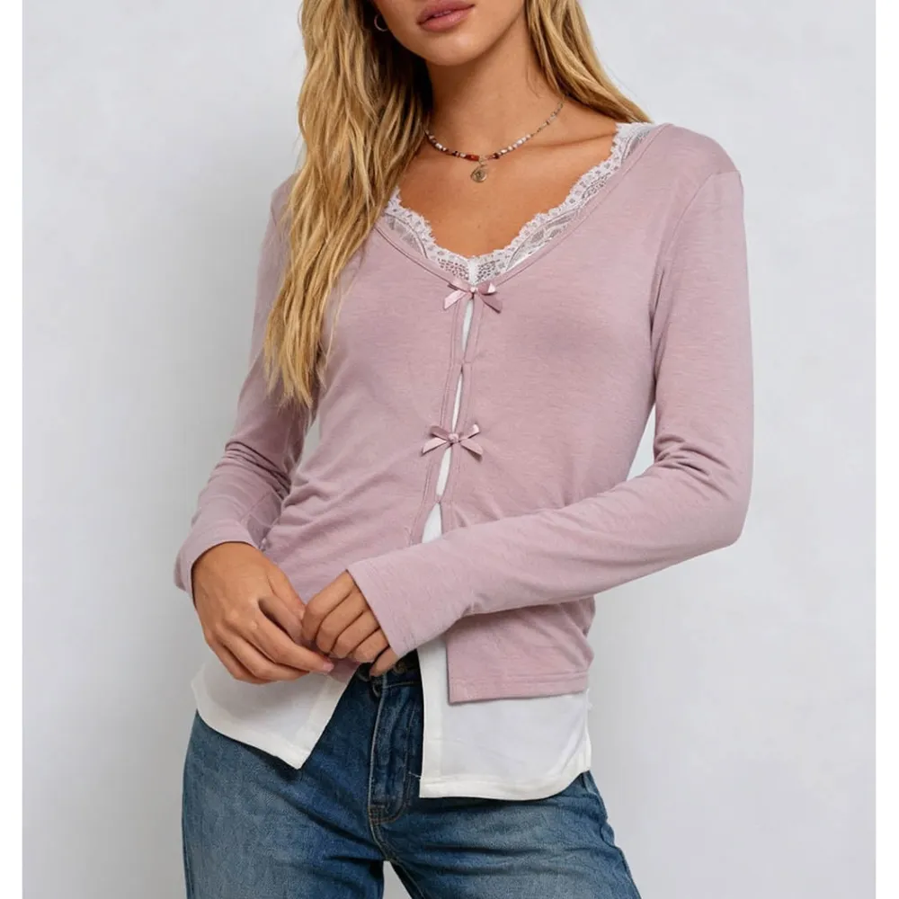 Chic Lace V Neck Bow Front Long Sleeves Top