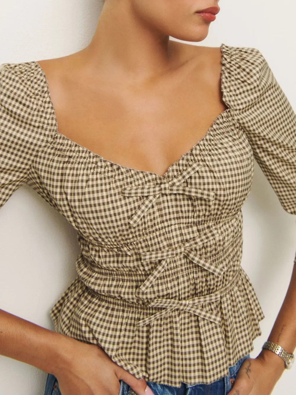 Ruched Square Neck Three Quarter Sleeve Blouse