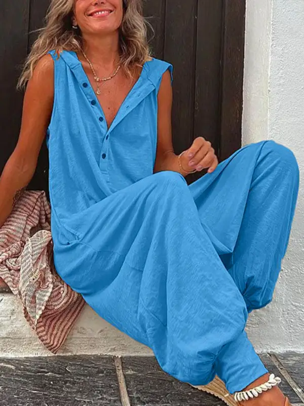 Clean Button Hooded Sleeveless Trousers Jumpsuit Pants