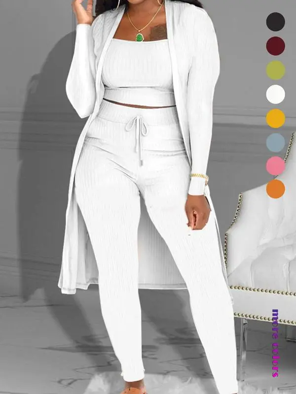 Women's Plain Long Sleeve Open Front Cardigan & Tie Front Leggings & Sleeveless Cropped Top Set, Casual Elegant Chic Fashion Cozy Breathable Women's Outfits for Fall, Ladies Fall Co-ord Sets, Clothes