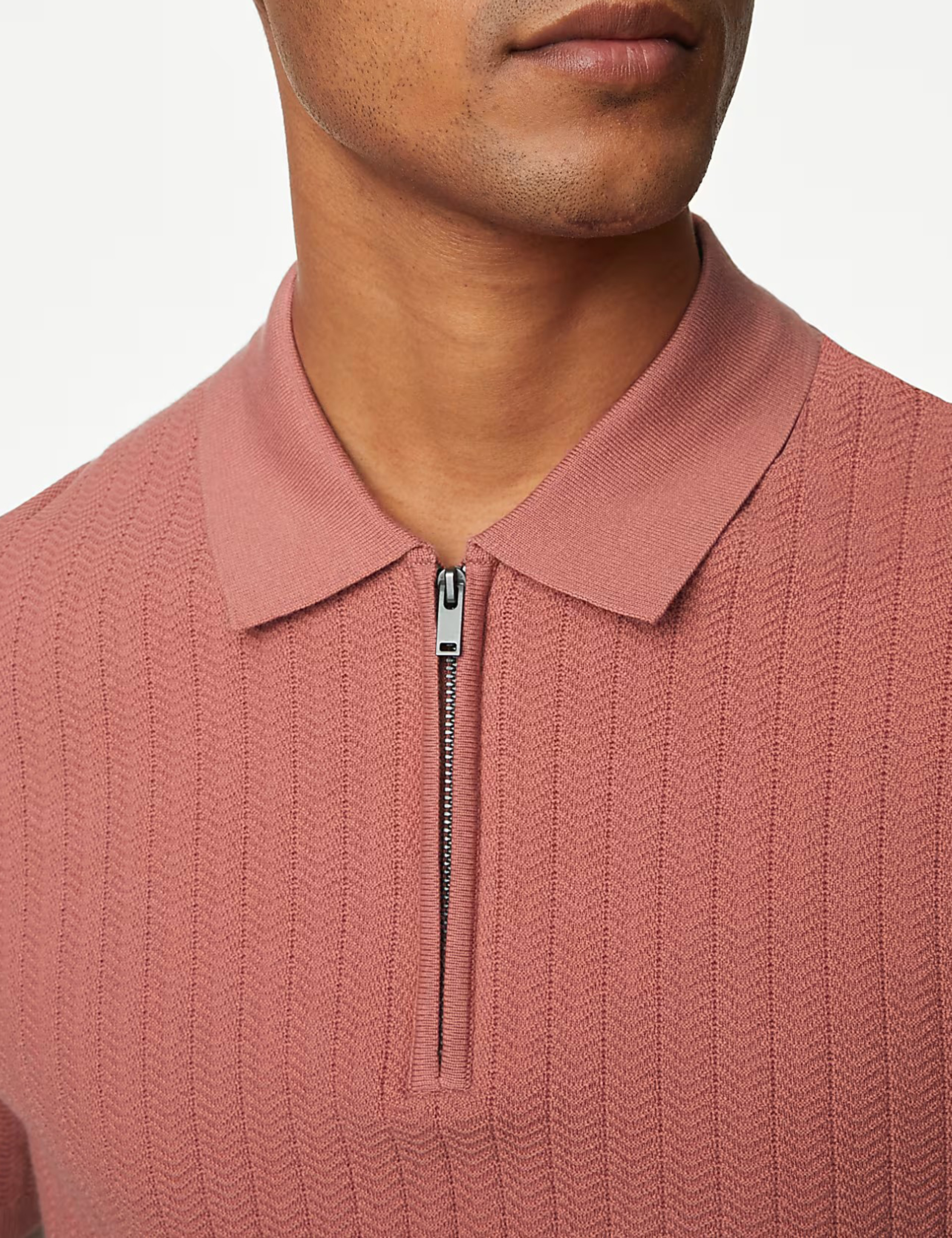 Men's Pink Textured Knit Quarter Zip Polo