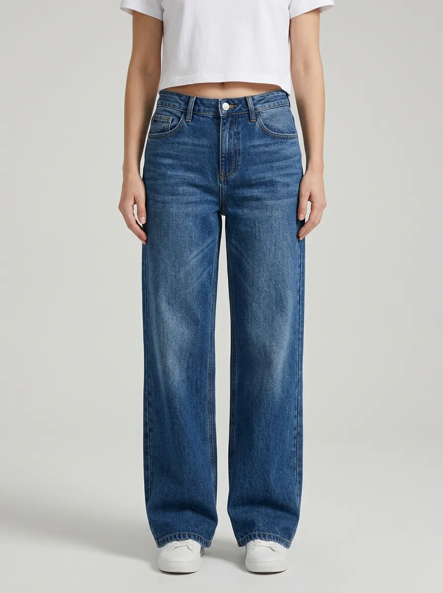 Women's Mid-Rise Whiskered Full-Length Wide-Leg Denim Jeans