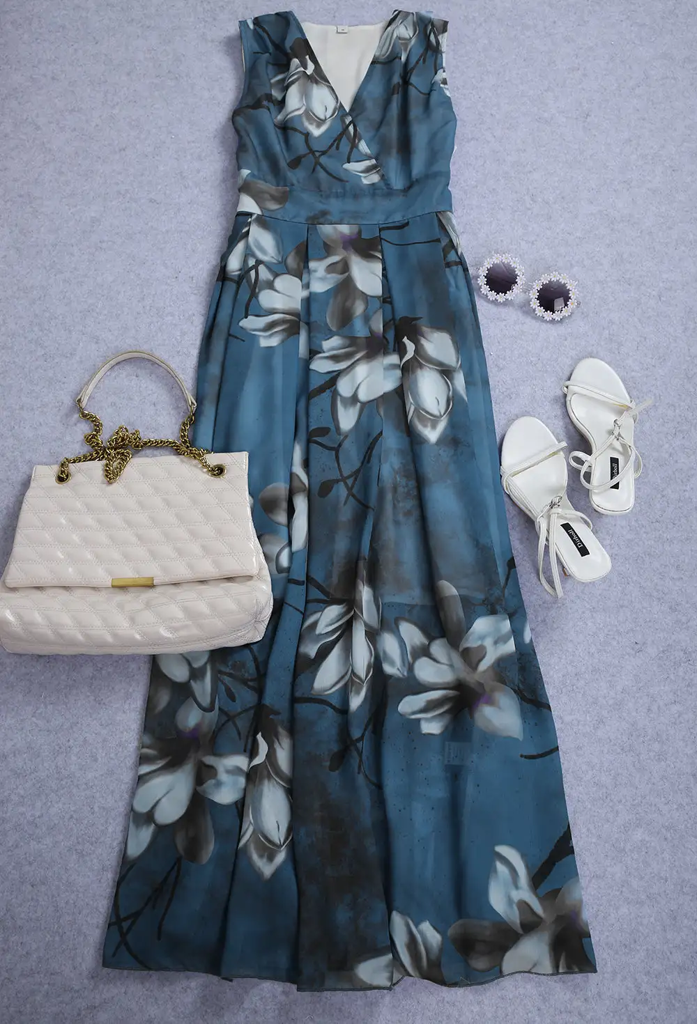 Blue Print V-Neck Maxi Dress