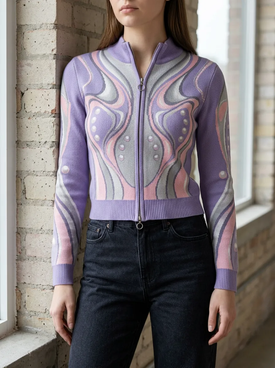 Women's Y2K Abstract Swirl Pattern Printed Zip-up Cardigan