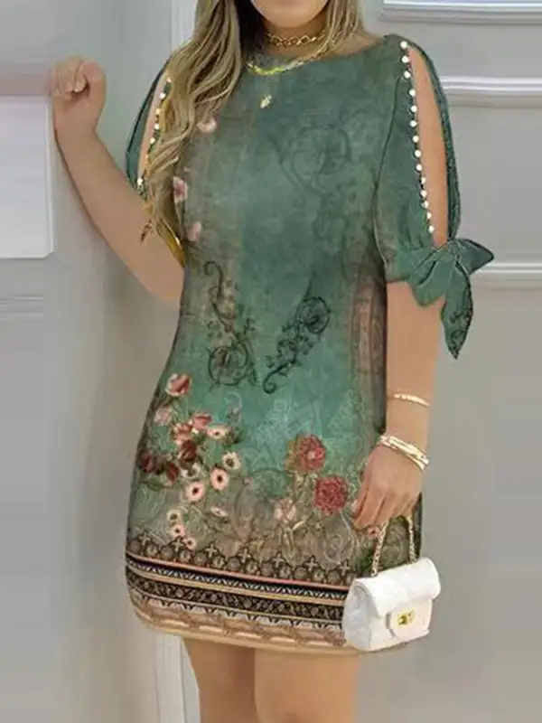 Relaxed Short Sleeve Hollow Printed Split Joint Round Neck Mini Dress