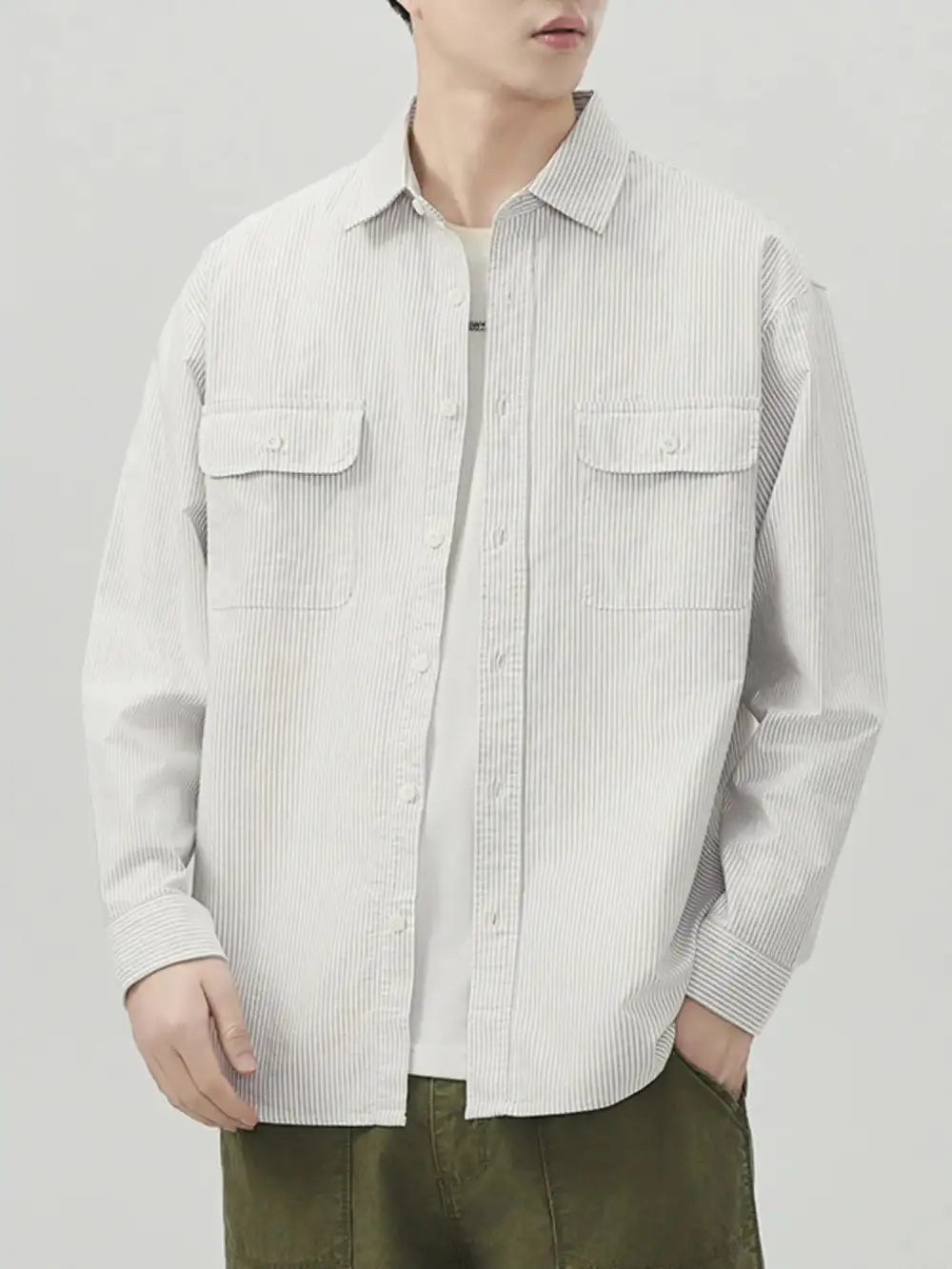 Tailored Long-Sleeve Striped Button-Up Shirt