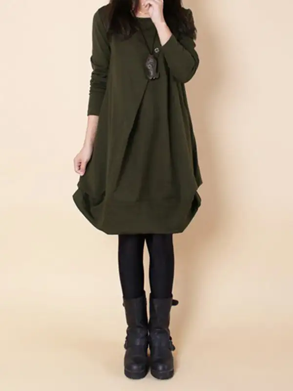A Line Long Sleeve Pleated Solid Color Round Neck Dress Maxi