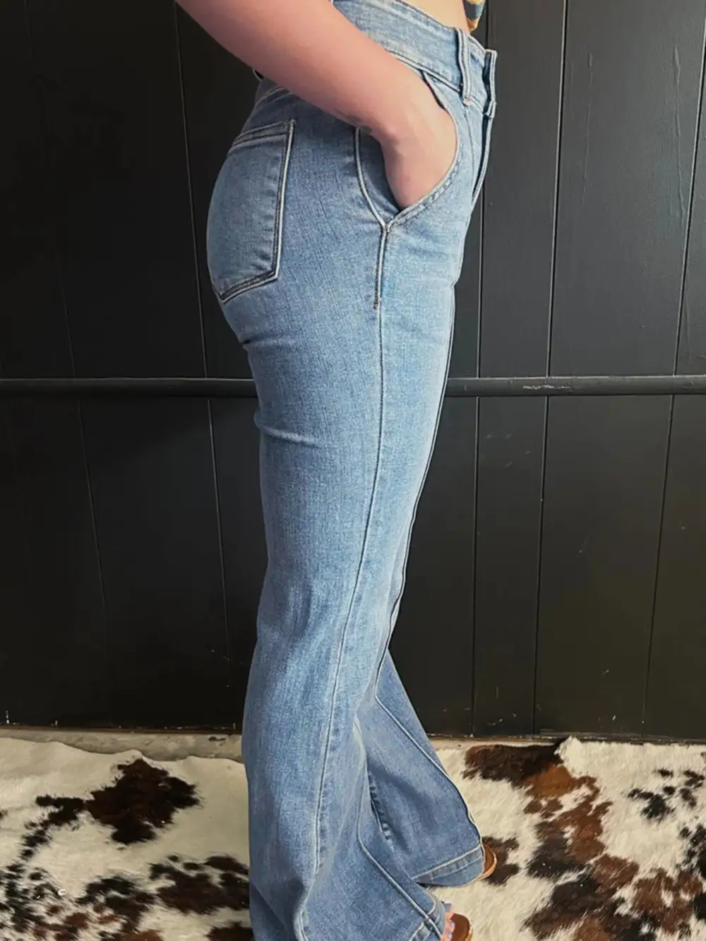 High Waisted Flared Seam Detail Denim Jeans
