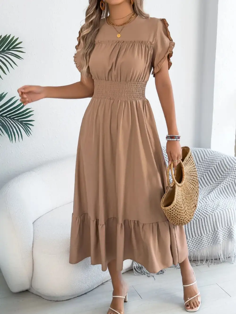 Crew Neck Ruffled Smocked Midi Dress