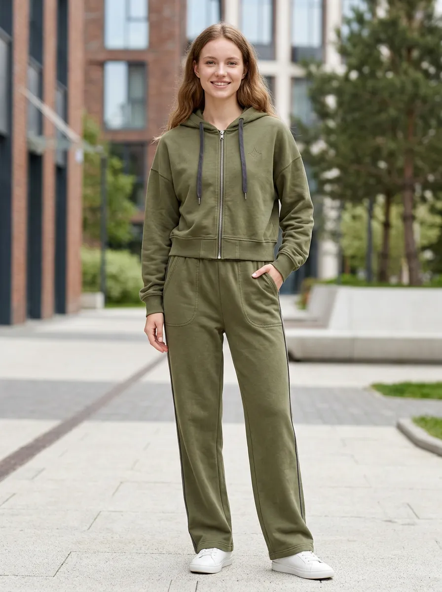 Women's Olive Green Star Embroidered Zip-up Hoodie Jogger Set