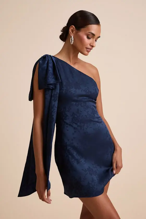Jayda Navy Satin Jacquard One-Shoulder Sash Mini Dress