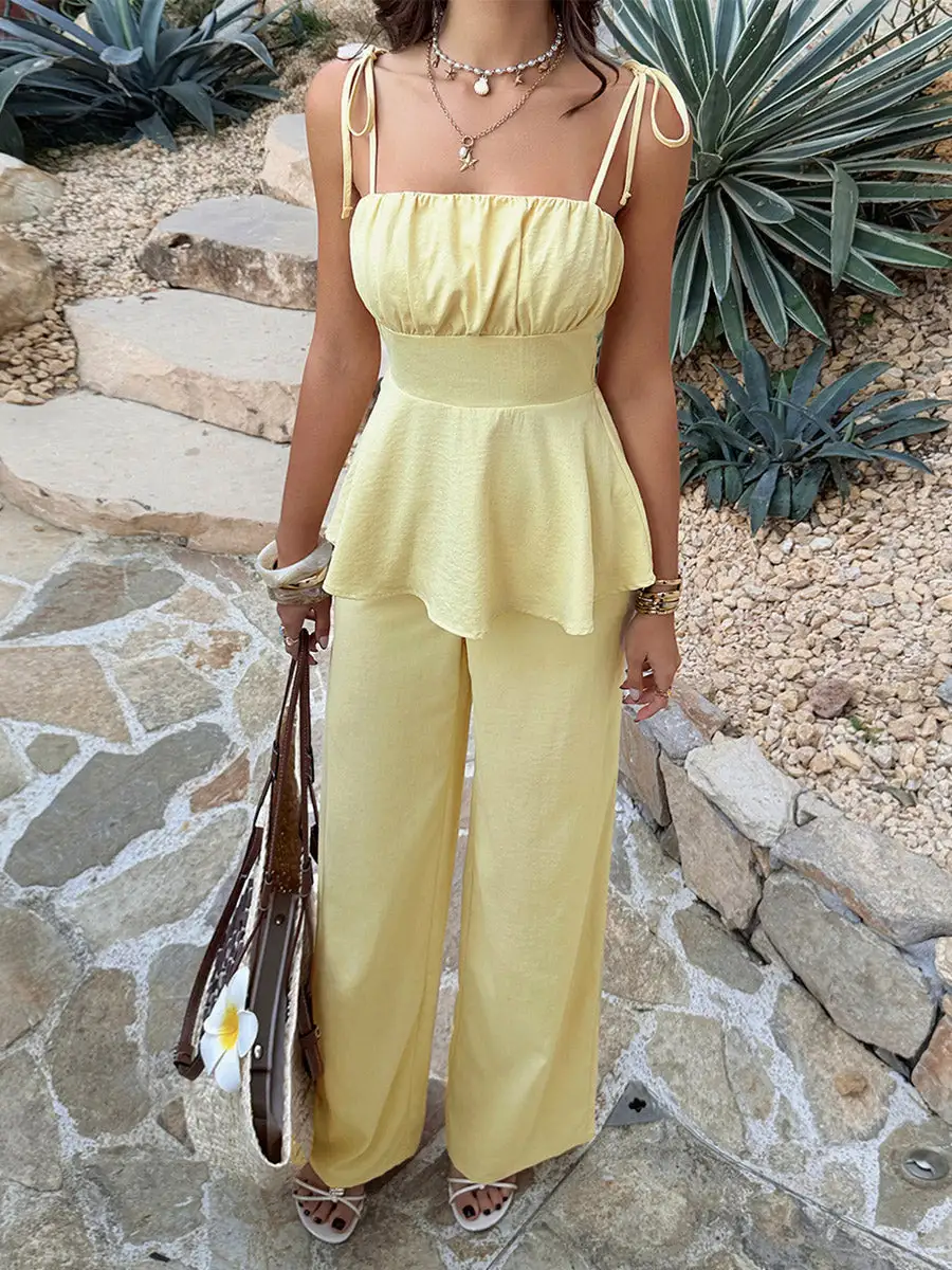 Relaxed Sleeveless Pleated Strappy Neck Vest And Pants Set