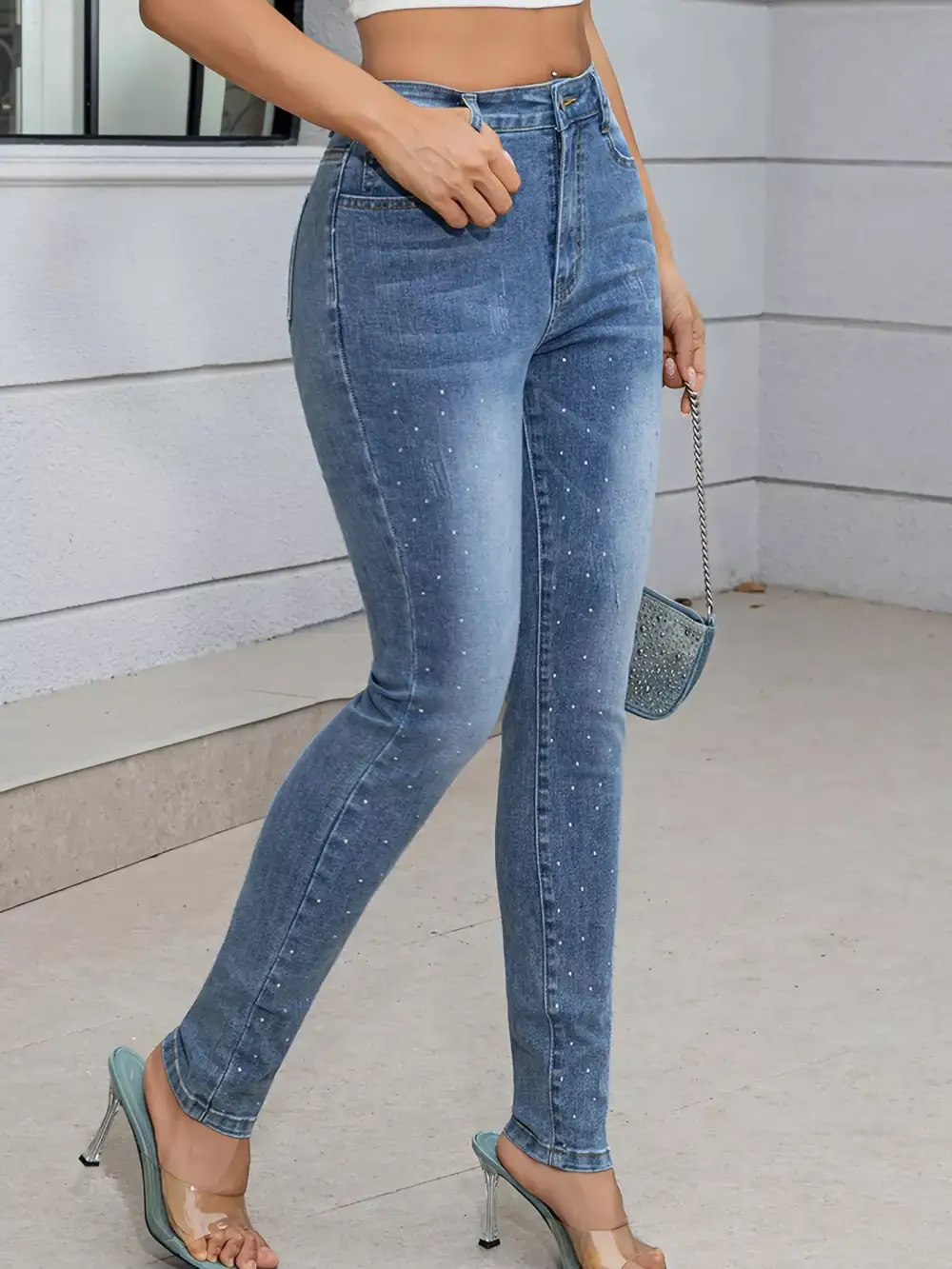 High Waist Skinny Rhinestone Denim Jeans